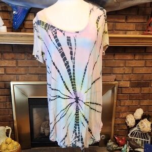 Rising International Multicolor Tie-Dye Short Sleeve Top Stretchy Soft
